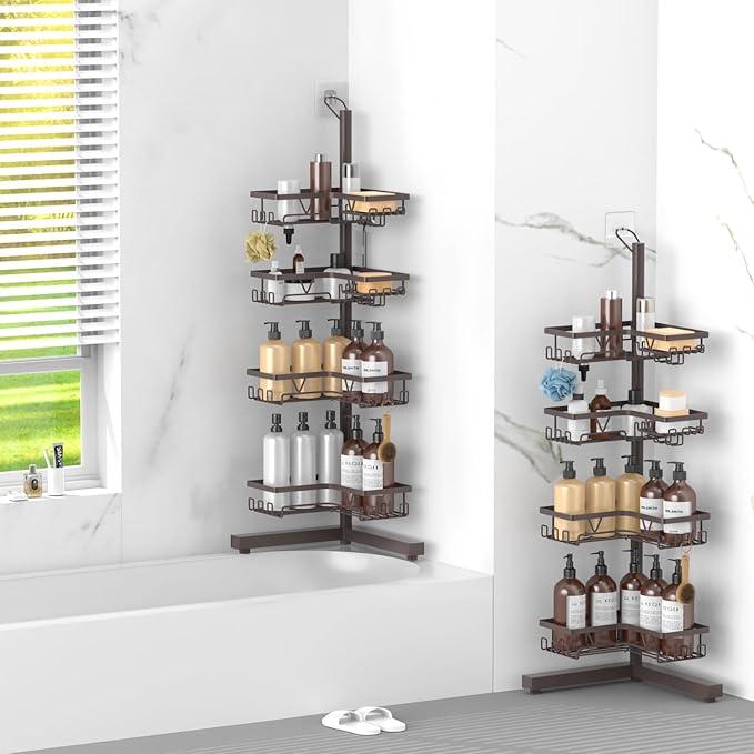 KEGII Floor Corner Shower Caddy Standing, Rustproof 4-Tier Shower Shelf Organizer with Hooks & Soap Holder, Free-Standing Bathroom Storage Rack for Shampoo & Toiletries, Bronze - ModernBath
