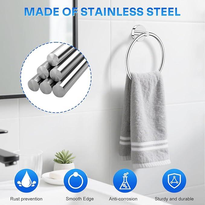 Hand Towel Holder Screw-in Mirror Silver Towel Ring for Bathroom Wall Stainless Steel Towel Hanger Round Towel Racks for Bathroom Decor and Accessories, 2 Packs - ModernBath