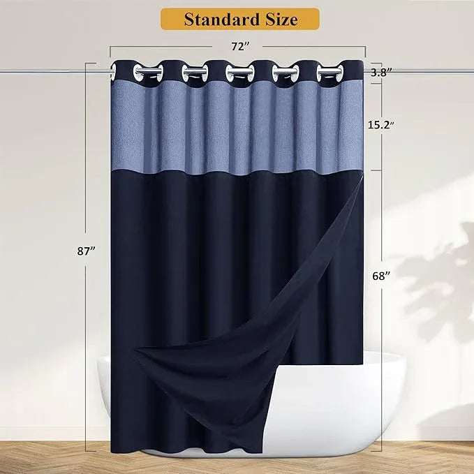 Jowels No Hooks Needed Linen Shower Curtain and Liner Set,Navy Blue Hotel Luxury Decor Shower Curtains for Bathroom with See Through Top Window,Water Resistant Fabric,72Wx87L,Navy Blue - ModernBath