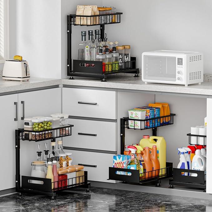 Under Sink Organizer for Kitchen and Bathroom, 2 Pack 2 Tier Pull Out Storage Rack - Height Adjustable Heavy Duty Metal Basket with High Capacity & Safety Stopper, Rustproof for Cleaning Supplies - ModernBath