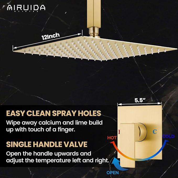 Airuida Shower Faucet Set and Handle Set Single Function Shower Trim Kit Ceiling Mount Rainfall Shower System with Male Threads and Rough-in Valve 12 Inch Square Shower Head Brushed Gold - ModernBath