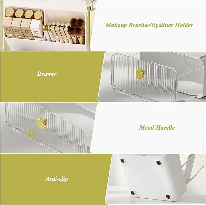 FOLLOWIN Bathroom Counter Organizer with Drawer,Dresser Top Organizer with Make Up Brush Holder,Makeup Shelf,Vanity Organizers,Cosmetic Perfume Organizer,Clear - ModernBath