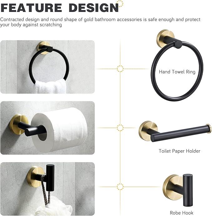 Bathroom Hardware Set 3 Piece Black&Gold Wall Mounted Stainless Steel Hardware Towel Bar Set Gold Bathroom Accessories Towel Rack Set Kit Includes Hand Towel Ring, Toilet Paper Holder, Robe Hook - ModernBath