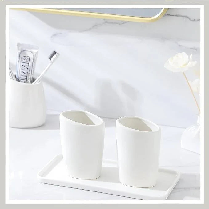 BLBYHO Ceramic Bathroom Accessory Set with Ceramic Tray, 6 Pieces Bathroom Countertop Accessory Set, Include Soap Dispenser, Toothbrush Holder, 2 Tumbler, Soap Dish, Vanity Tray,White - ModernBath