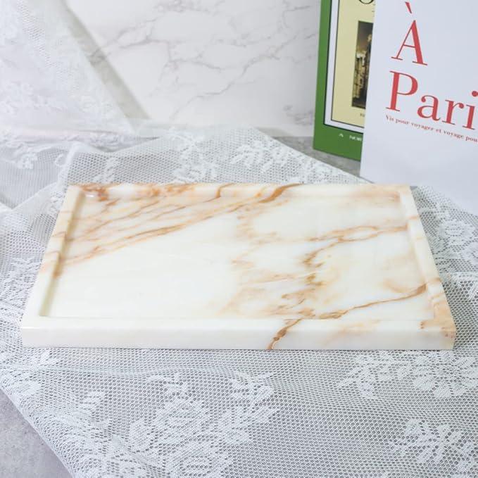 100% Natural Marble Serving Tray Luxury Marble Storage Tray for Home Decor Stone Tray for Bathroom/Kitchen/Vanity/Dresser,Plate Holder for Tissues, Candles, Towel - ModernBath