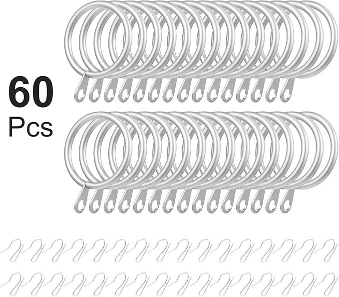 Hotop 30 Pcs Metal Drapery Curtain Rings 0.98/1.26/1.65 inch Interior Diameter and 30 Pcs Hanging Curtain Drapery Pin Hooks for Window Door Shower(Matte Silver,32 mm) - ModernBath