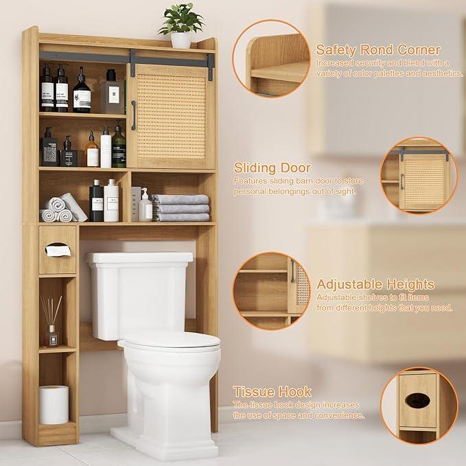 Over The Toilet Storage Cabinet, Farmhouse Rattan Storage Cabinet Over Toilet with Sliding Doors & Toilet Paper Holder Stand, Home Space-Saving Toilet Rack, for Bathroom, Laundry(Rattan Oak). - ModernBath