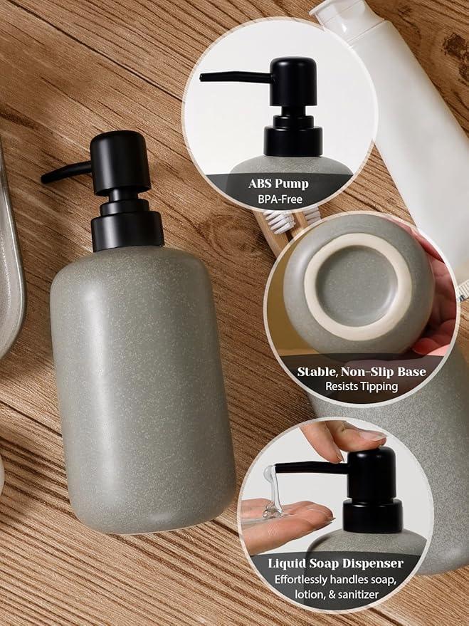 INGOFIN 3 Pcs Ceramic Bathroom Accessory Set - Liquid Soap Dispenser, Toothbrush Holder & Tray, Bathroom Counter Set, Countertop Essentials for Home, Guest Bathroom, or Office Use, Grey - ModernBath
