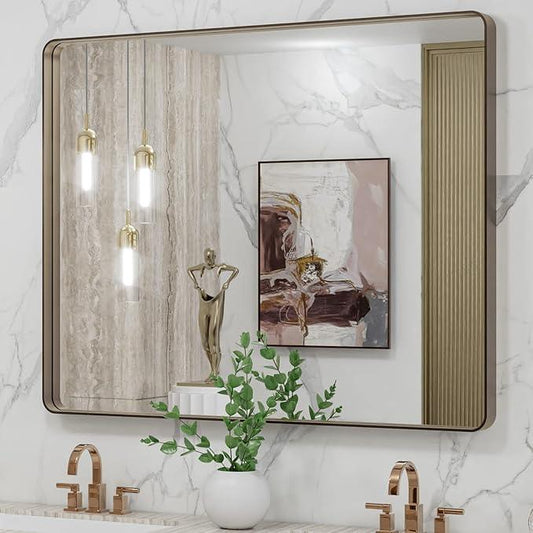 LOAAO 40”X32” Bronze Bathroom Mirrors for Vanity, Rounded Rectangle Brushed Bronze Metal Frame Mirror, Anti-Rust, Tempered Glass, Hangs Horizontally or Vertically - ModernBath