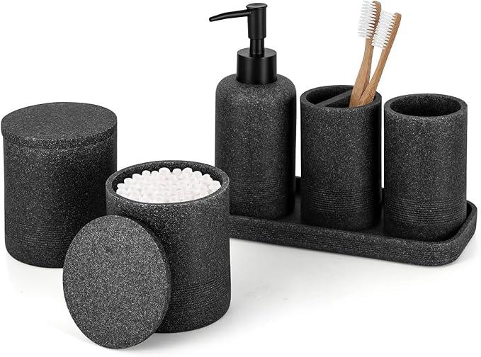 ZCCZ Black Stone Bathroom Accessories Set 6 Pieces - Toothbrush Holder, Lotion Dispenser, Qtip Container, Vanity Tray, Tumbler - Countertop Organizer for Bathrooms - Elegant and Functional Décor Set - ModernBath