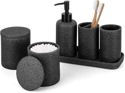 ZCCZ Black Stone Bathroom Accessories Set 6 Pieces - Toothbrush Holder, Lotion Dispenser, Qtip Container, Vanity Tray, Tumbler - Countertop Organizer for Bathrooms - Elegant and Functional Décor Set - ModernBath