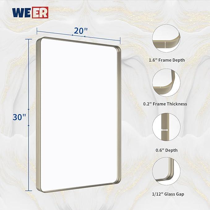 WEER 20X30 Inch Brushed Nickel Bathroom Mirror, Brushed Silver Metal Frame Mirror, Rounded Rectangle Silver Bathroom Vanity Mirror, Tempered Glass, Anti-Rust, Hangs Horizontally or Vertically - ModernBath