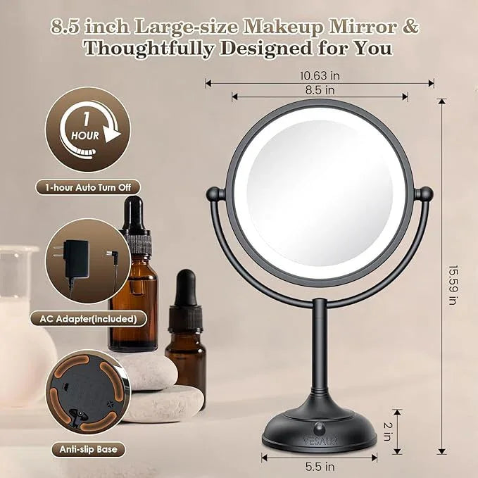 VESAUR Professional 8.5" Lighted Makeup Mirror, 1X/10X Double Sided HD Undistorted Magnifying Mirror with 3 Color 90 Dimmable LED lights, 360° Rotation Vanity Mirror, Unique Black Nickel with Gift Box - ModernBath