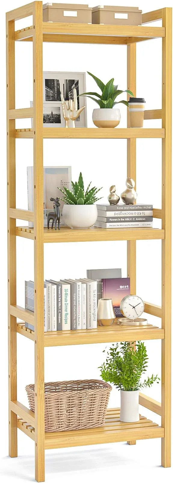 Homykic Bamboo Bookshelf, 5-Tier Narrow 55.9” Adjustable Book Shelf Bookcase Bathroom Shelves Freestanding Storage Stand for Living Room, Bedroom, Kitchen, Rust Resistance, Easy Assembly, Natural - ModernBath