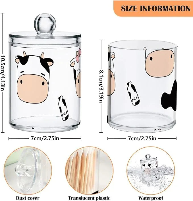 Tatenale Qtip Holder Bathroom Set Q tip Cotton Ball Swab Pad Dispenser Container Organizer Plastic Jars with Lids Storage 2Pack Cute Cow and Milk - ModernBath