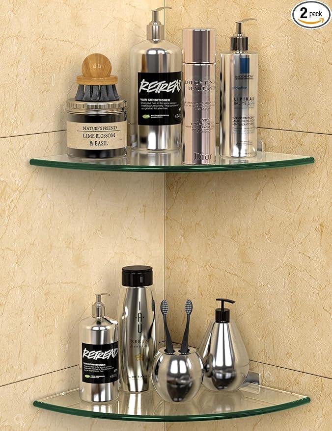 Glass Corner Shower Shelves (2-Pack) - No-Drill Shower Caddy Organizer & Bathroom Storage, Tempered Glass with Rustproof Aluminum Brackets for Inside Shower - ModernBath