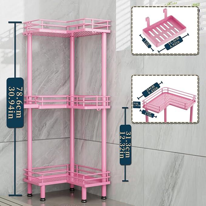 Consumest Corner Shower Caddy Standing - 3-Tier Stainless Steel Shower Organizer with Soap Holder and 4 Hooks, Large Capacity Corner Shelf Stand for Bathroom, Rest Room, Pink - ModernBath