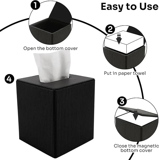 DODAMOUR Vertical Stripe Tissue Box Cover Cube – Ribbed PU Leather Square Holder, Magnetic Bottom Napkin Dispenser for Modern Office, Car, Desk (Black) - ModernBath