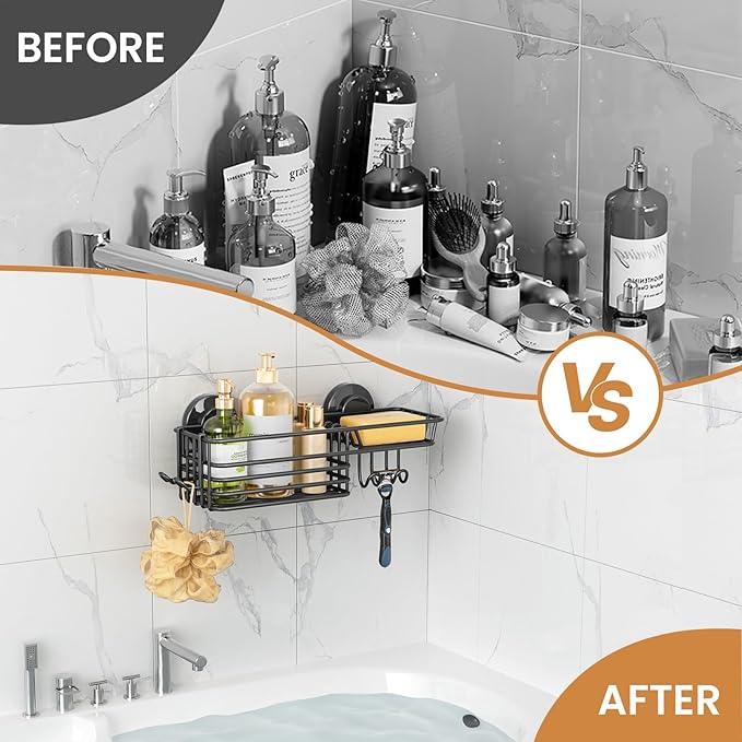 LEVERLOC Shower Caddy Suction Cup, Suction Caddy with Hooks and Soap Holder for Bathroom, No-Drilling Bathroom Shower Organizer, Black - ModernBath
