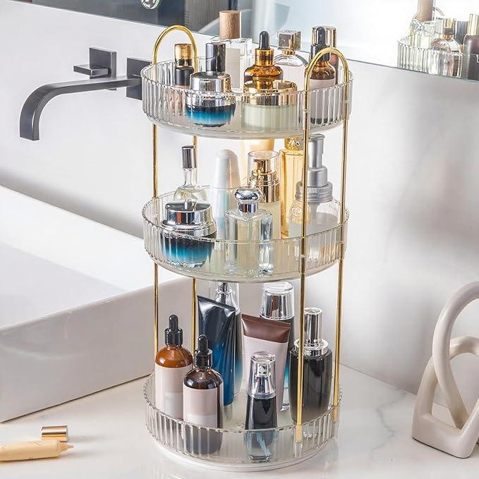 INVSSENE 360° Rotating Makeup Organizer, Bathroom Make Up Spinning Holder Rack, Large Capacity Cosmetics Storage Vanity Shelf Countertop, Fits Cosmetics, Perfume, Skincare, Lipsticks(3 Tiers, Clear) - ModernBath