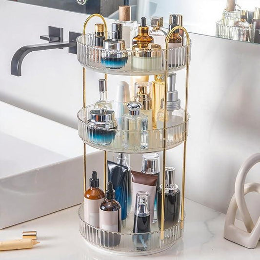 INVSSENE 360° Rotating Makeup Organizer, Bathroom Make Up Spinning Holder Rack, Large Capacity Cosmetics Storage Vanity Shelf Countertop, Fits Cosmetics, Perfume, Skincare, Lipsticks(3 Tiers, Clear) - ModernBath