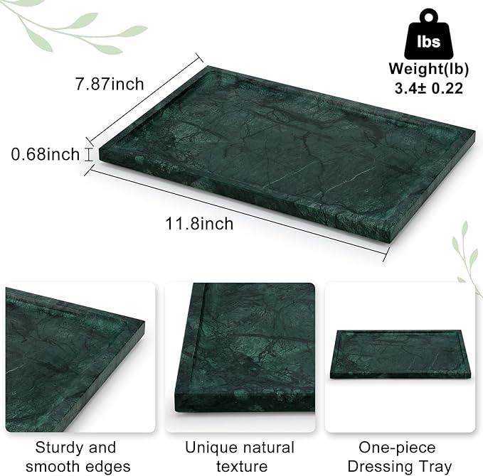 Real Luxurious Natural Marble Tray - 12x8 Inch Marble Vanity Tray for Perfume Display, Jewelry Organizer, Bathroom & Home Decor -Heavy Duty Non-Slip Stone Tray (Non-Resin/Non-Ceramic)（Green） - ModernBath