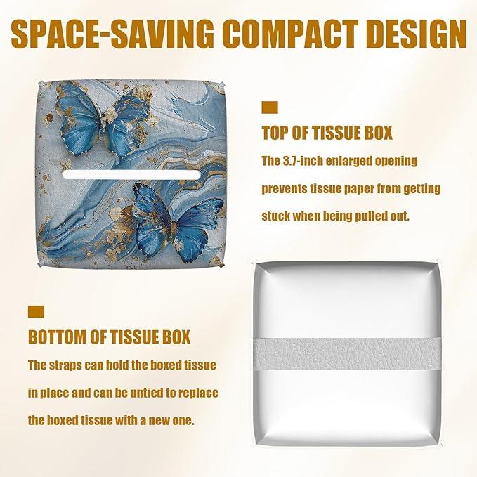 Blue Butterfly Tissue Box Cover 2PCS, Marble Leather Tissue Box Holder Square Facial Paper Case Tissue Box Cube Organizer for Bathroom Bedroom Desk Office - ModernBath