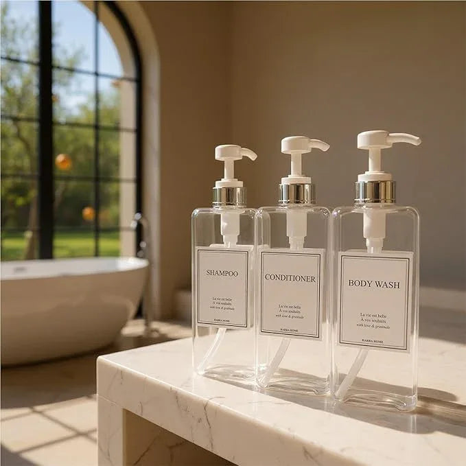 Modern Design Shampoo and Conditioner Dispenser, Large 27oz Shower Soap Dispenser, Set of 3 Refillable Empty Plastic Pump Bottles for Bathroom, 6 Waterproof Labels Included, (Clear & Silver) - ModernBath