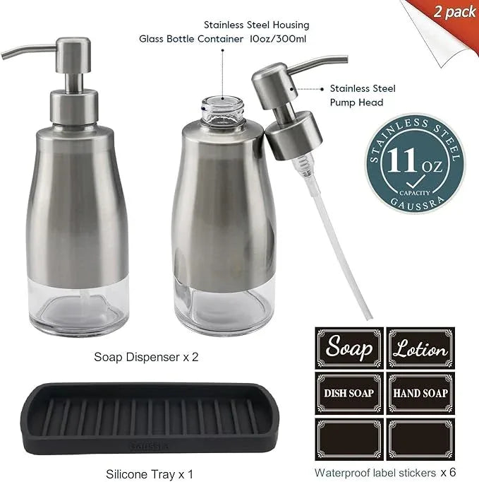 Gaussra Kitchen Soap Dispenser Set with Silicone Tray and Stickers - Brushed Nickel, Stainless Steel Glass Soap Dispenser Bathroom, Refillable Hand Dish Dispenser for Kitchen Sink - ModernBath