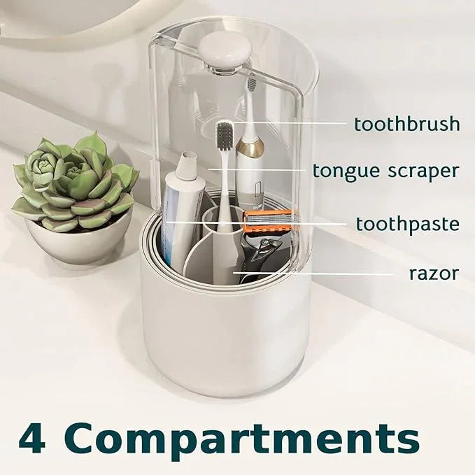 YOOLENS Toothbrush Holder with Cover 360 Rotating 4 Compartments Bathroom Toothpaste Electric Toothbrush Organizer, White - ModernBath