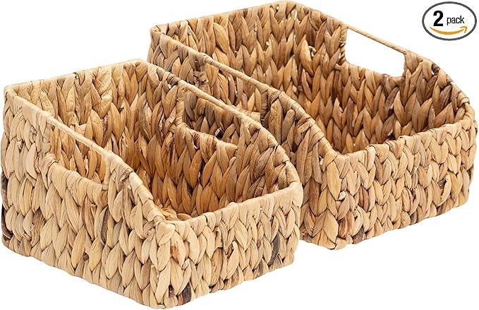 FairyHaus Wicker Baskets 2 Pack, Natural Large Wicker Baskets for Storage, Nesting Hand-woven Water Hyacinth Wicker Baskets for Organizing with Built-in Handles, 9"L x 11"W x 7"H - ModernBath