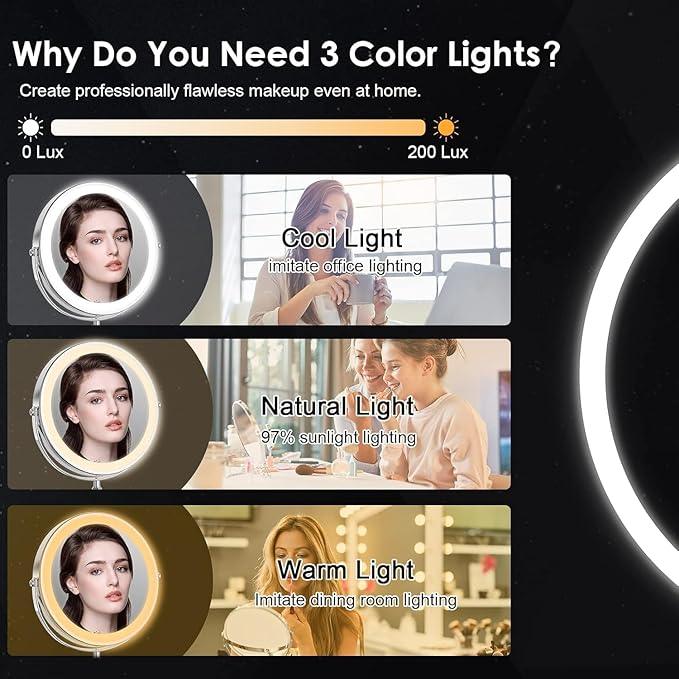 Lighted Makeup Mirror, 3000 mAh Rechargeable Double Sided Magnifying Vanity Mirror with 3 Colors, 1x/10x, 360° Rotation , Brightness Adjustable Magnification Cosmetic Light up Mirror, Women Gift - ModernBath