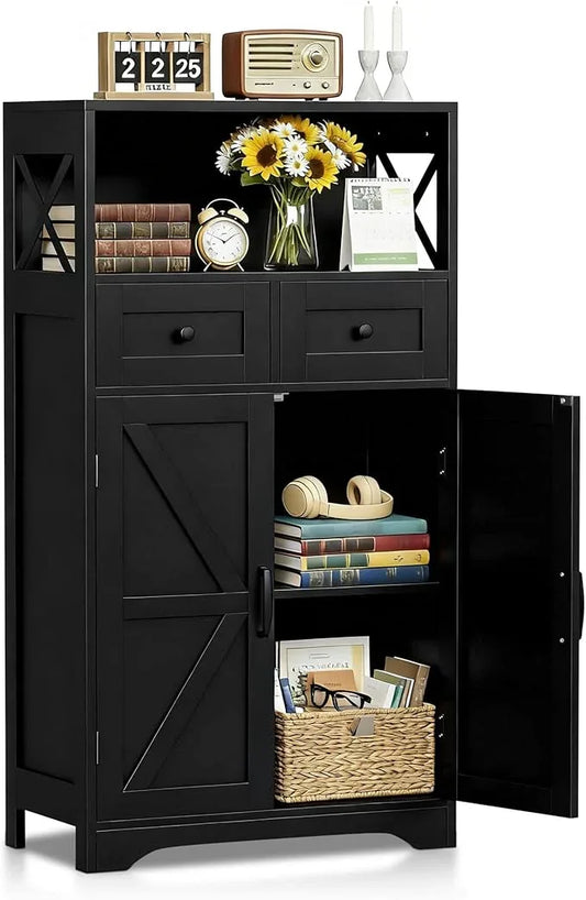 SUPER DEAL Farmhouse Storage Cabinet, Bathroom Floor Cabinet Kitchen Pantry with Doors and Drawers, Hutch Cupboard for Living Room, Bedroom, Laundry, Black - ModernBath