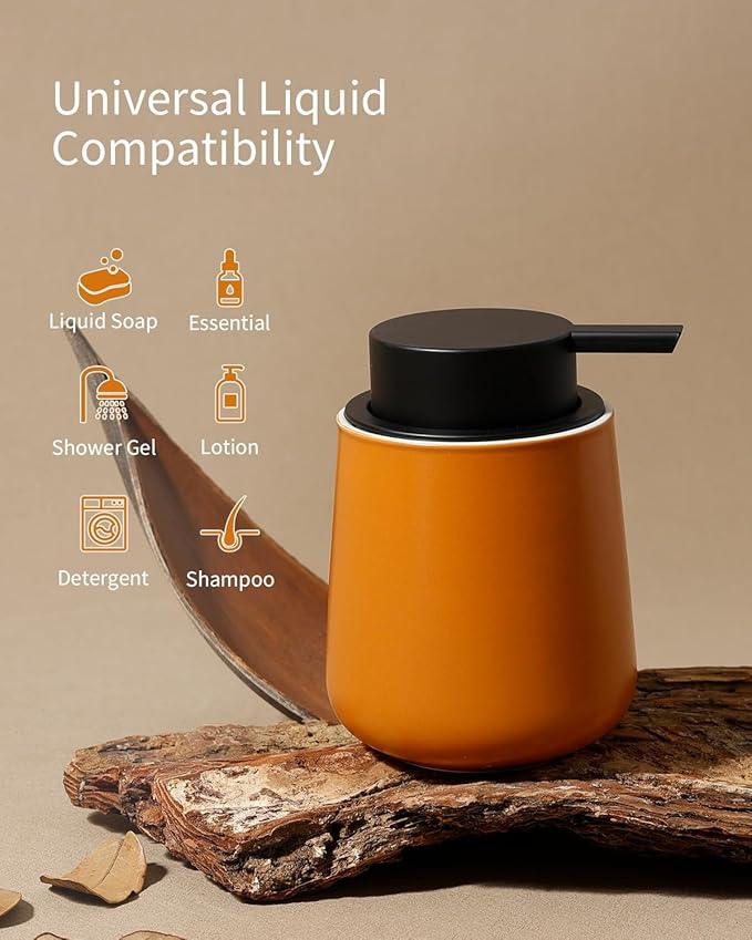BosilunLife Bathroom Accessory Set - 3 pcs Ceramic Bathroom Soap Dispenser Set Farmhouse Bathroom Counter Decor Set Accessories, Soap Dispenser and Toothbrush Holder with Tray, Orange - ModernBath