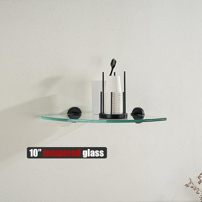 JQK Corner Glass Shelf Black, Bathroom 304 Stainless Steel Shower Triangle Floating Wall Shelf, 10 x 10 Tempered Glass, 2 Pack, TGS190L10-PB-P2 - ModernBath