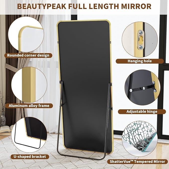 BEAUTYPEAK Gold Full Length Mirror, 56"x21" Rounded Corner Floor Mirror Standing Hanging or Leaning Against Wall, Suitable for Bedroom or Dressing Room - ModernBath