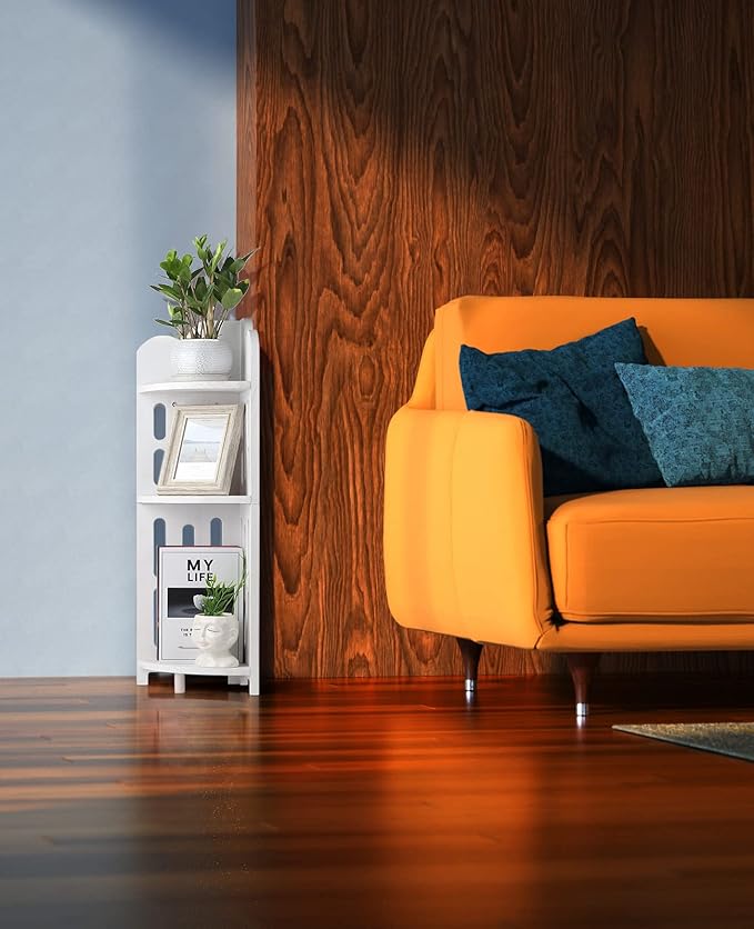 Meangood Bathroom Corner Shelf Stand, 3 Tier Solid Wood Display Shelf for Narrow Space, Shower Corner Shelf, Plant Stand Nightstand, for Living Room, Bedroom, Home Office, Elegant White