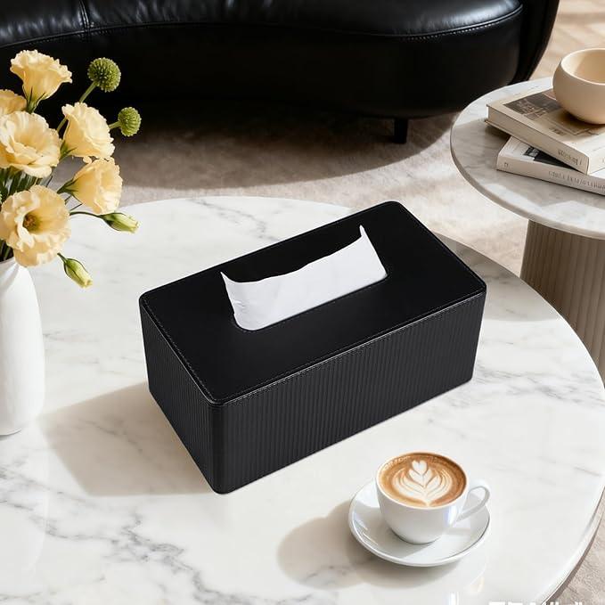 Cretkhp PU Leather Tissue Box Cover Rectangle with Magnetic Closure, Modern Tissue Box Holder for Bathroom NightStands Livingroom, Decorative Tissue Holder for 120(3-Ply)/160(2-Ply) Tissue Box (Black) - ModernBath