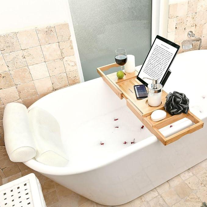 Bath Pillow and Bathtub Tray Set for Tub | Luxurious, Relaxing Home Spa Accessories with Bath Tub Pillows for Head and Neck, Foldable Bath Tray Caddy Organizer | Relaxation Gifts for Women Self Care - ModernBath