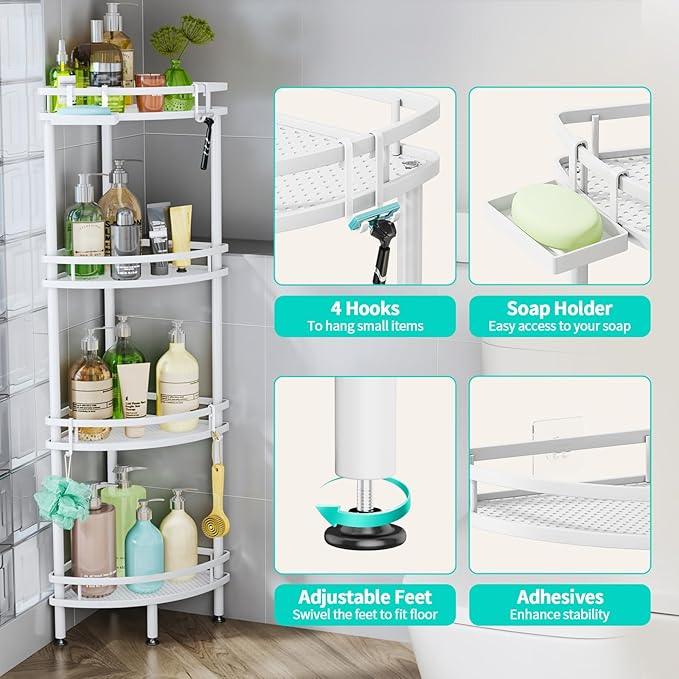 HapiRm Standing Corner Shower Caddy - 4 Tier Shower Organizer Corner with Soap Holder and 4 Hooks, Rustproof Bathroom Storage Shelves with Adhesives, White - ModernBath