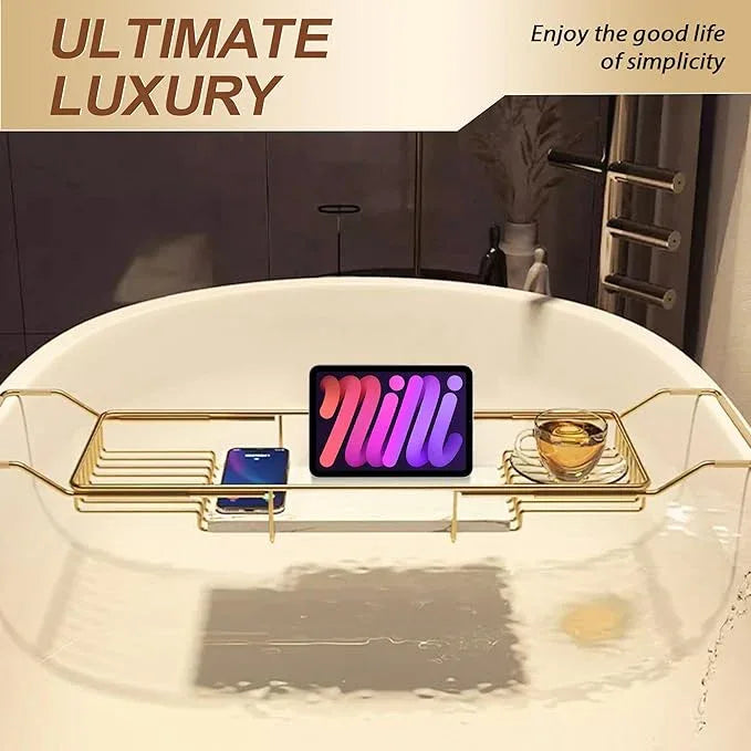 BVL Bathtub Tray Stainless Steel with Marble Base Gold Bathtub Tray with White Marble Base Adjustable & Rustproof Bath Caddy for Spa, Relaxation, Bath Bombs - ModernBath
