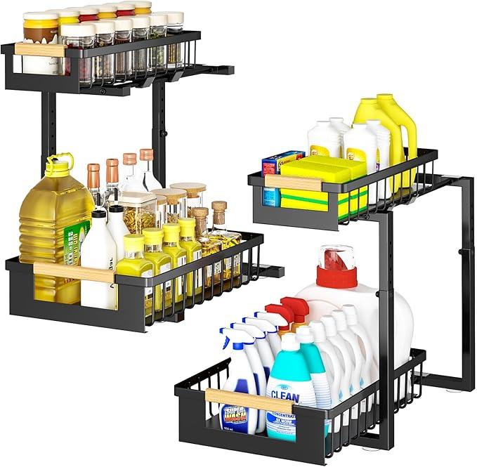 Under Sink Organizer 2-Pack Pull out Cabinet Organizer 2 Tier Metal Shelf Undersink Rack for Kitchen Bathroom Pantry Cabinet Organization and Storage, Black - ModernBath