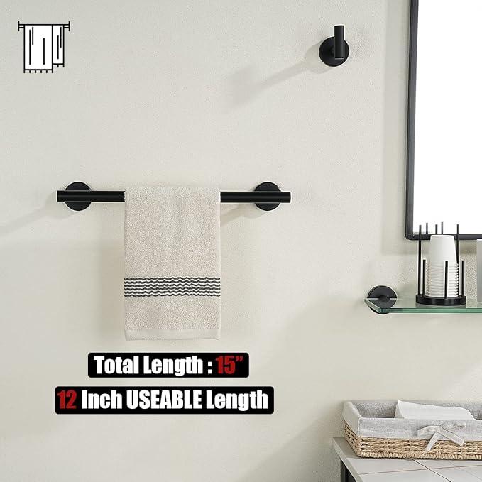 JQK Black Towel Bar, 12 Inch 304 Stainless Steel Thicken 0.8mm Hand Towel Rack, Bathroom Towel Holder Matte Black Wall Mount, Total Length 15 Inch TB110L12-PB - ModernBath
