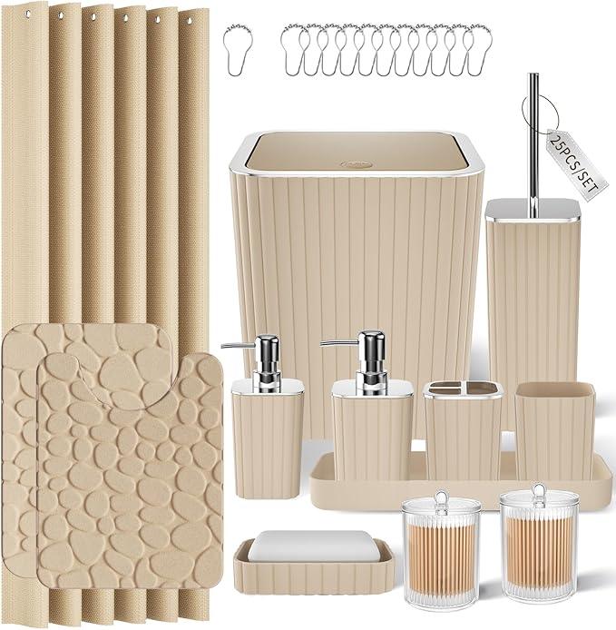 XLHOMO Bathroom Accessories Set - 25PC Bathroom Sets with Shower Curtain and Rugs, Beige Bathroom Set with Trash Can, Soap Dispenser, Soap Dish & Toilet Brush - ModernBath
