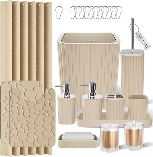 XLHOMO Bathroom Accessories Set - 25PC Bathroom Sets with Shower Curtain and Rugs, Beige Bathroom Set with Trash Can, Soap Dispenser, Soap Dish & Toilet Brush - ModernBath