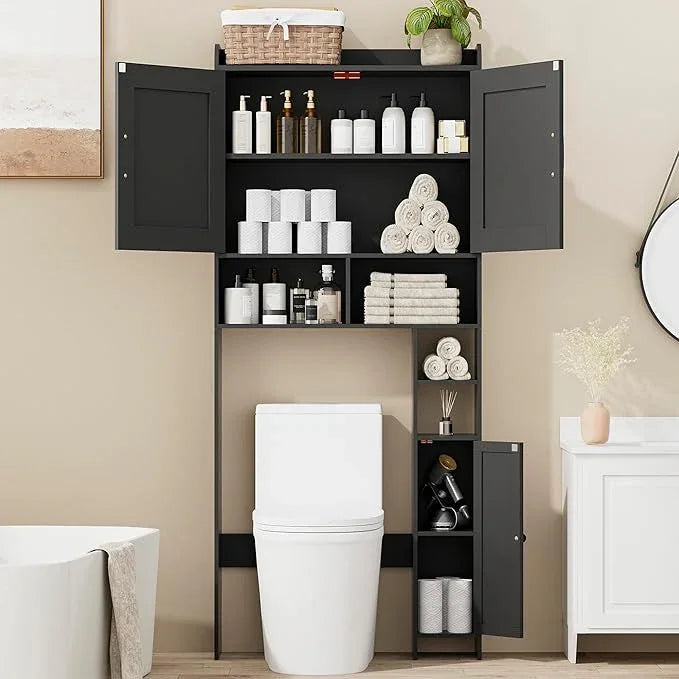 Homhedy Over The Toilet Storage Cabinet with 2 Barn Door and Toilet Paper Holder Stand, FreeStanding Toilet Shelf Space Saver, for Bathroom, Restroom, Laundry, Black - ModernBath