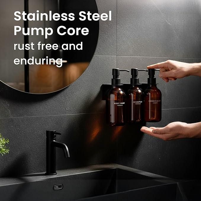 MaisoNovo Shampoo and Conditioner Dispenser - Shower Soap Dispenser Wall Mounted - 16.9 fl oz Set of 3 Amber Plastic Bottles Black Pump - 3 Chamber No Drill - ModernBath