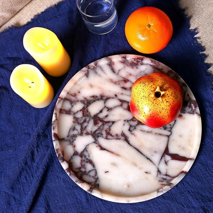 Natural Marble Tray, Coffee Table, Food, Fruit, Paper Cup, Cake Display, Coffee bar, Family Gatherings, Seasonal Holiday Decoration Tray(Viola-Circular-9.8"x9.8"x0.7") - ModernBath