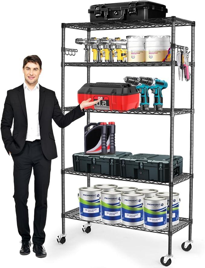YNN Storage Shelves,1750Lbs 5 Tier Heavy Duty Metal Rolling Shelving Unit with Wheels & 8 Hooks, Adjustable Garage Wire Rack for Kitchen, Bathroom,Industrial,Pantry(36" W x 14" D x 72" H,Black) - ModernBath
