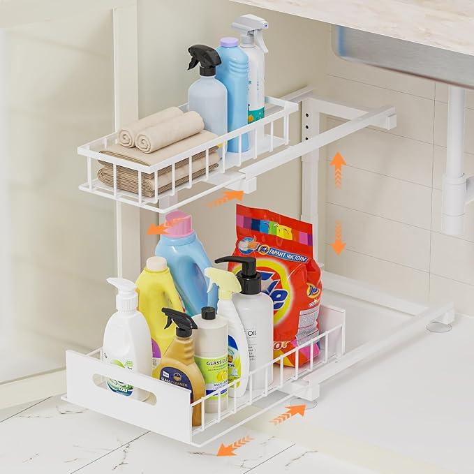 Under Sink Organizer, Heavy Duty Metal Pull Out Cabinet Organizer Slide Out Sink Shelf Organizer Height Adjustable, Multi-Purpose Storage Shelf for Kitchen Bathroom (White,1Pack) - ModernBath